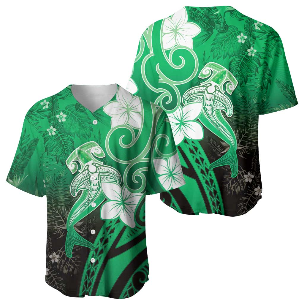 Polynesia Hammerhead Shark Baseball Jersey Green Tribal Pattern With Plumeria LT05 - Polynesian Pride