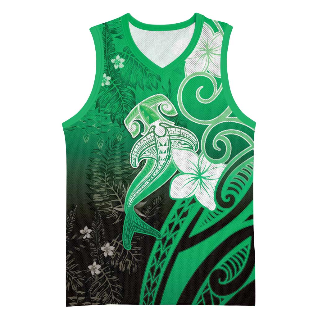 Polynesia Hammerhead Shark Basketball Jersey Green Tribal Pattern With Plumeria LT05 Unisex Green - Polynesian Pride