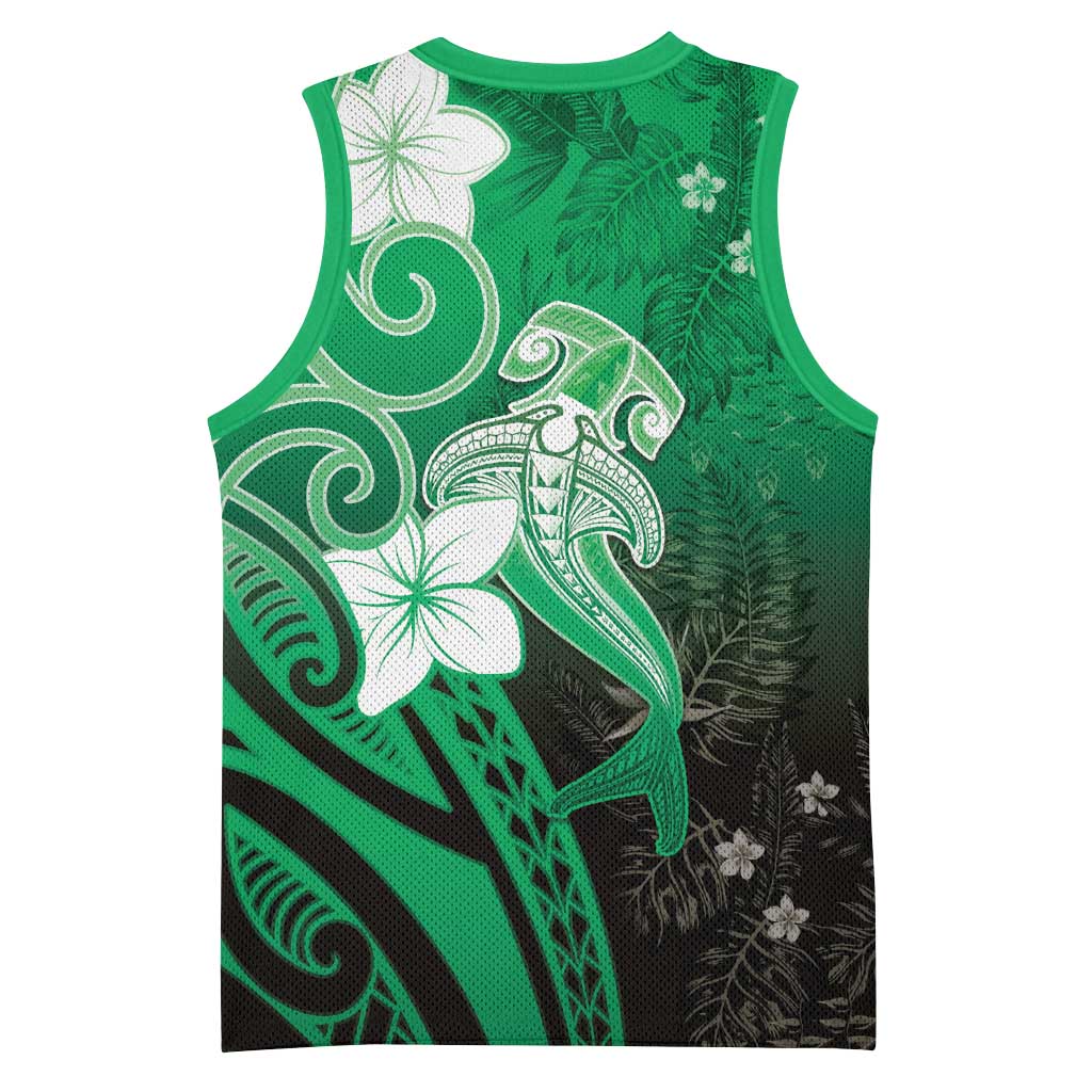 Polynesia Hammerhead Shark Basketball Jersey Green Tribal Pattern With Plumeria LT05 - Polynesian Pride