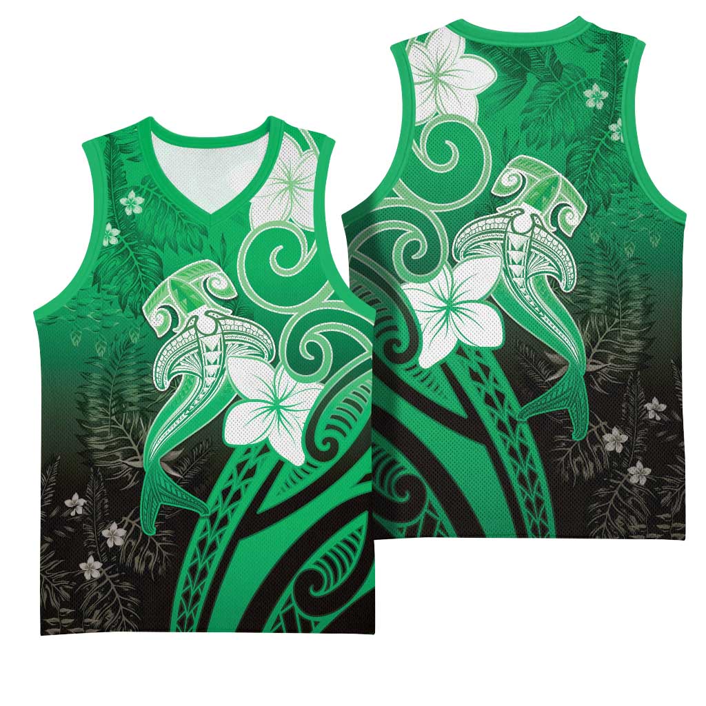 Polynesia Hammerhead Shark Basketball Jersey Green Tribal Pattern With Plumeria LT05 - Polynesian Pride