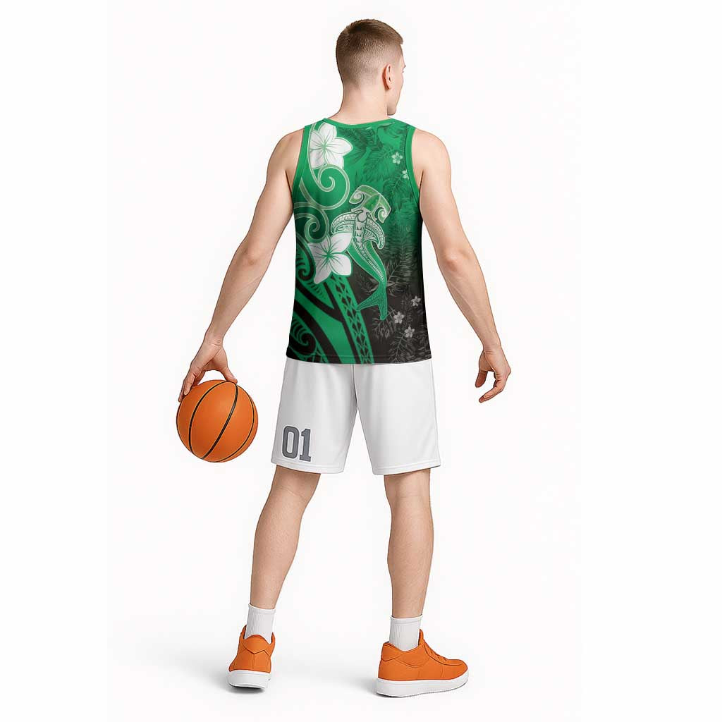 Polynesia Hammerhead Shark Basketball Jersey Green Tribal Pattern With Plumeria LT05 - Polynesian Pride