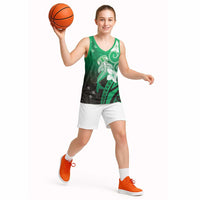 Polynesia Hammerhead Shark Basketball Jersey Green Tribal Pattern With Plumeria LT05 - Polynesian Pride