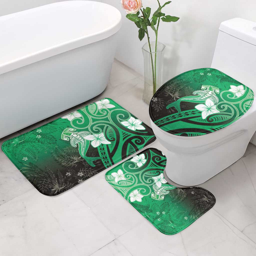 Polynesia Hammerhead Shark Bathroom Set Green Tribal Pattern With Plumeria - Polynesian Pride