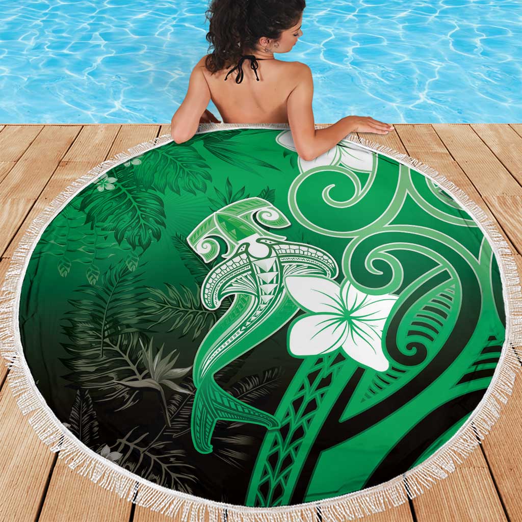 Polynesia Hammerhead Shark Beach Blanket Green Tribal Pattern With Plumeria - Polynesian Pride