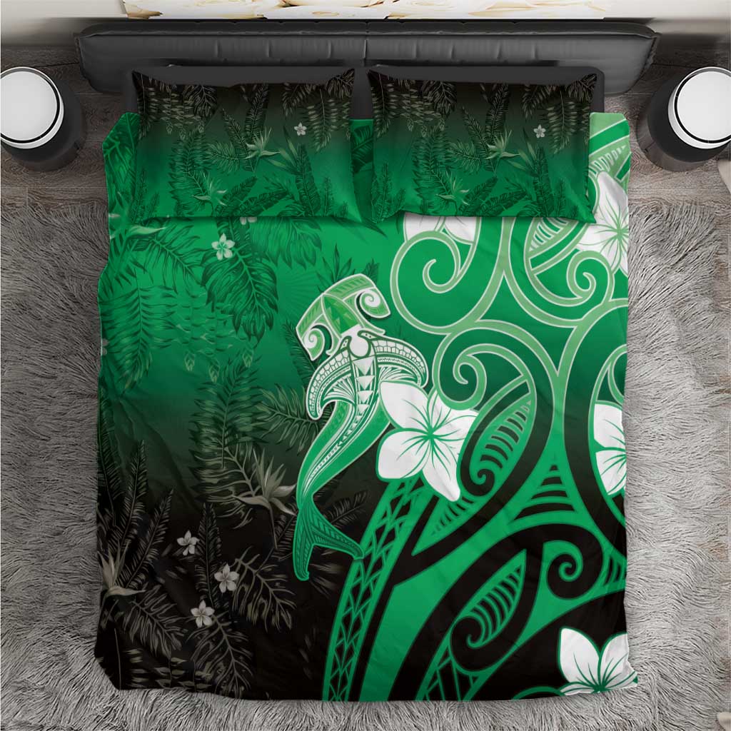 Polynesia Hammerhead Shark Bedding Set Green Tribal Pattern With Plumeria - Polynesian Pride