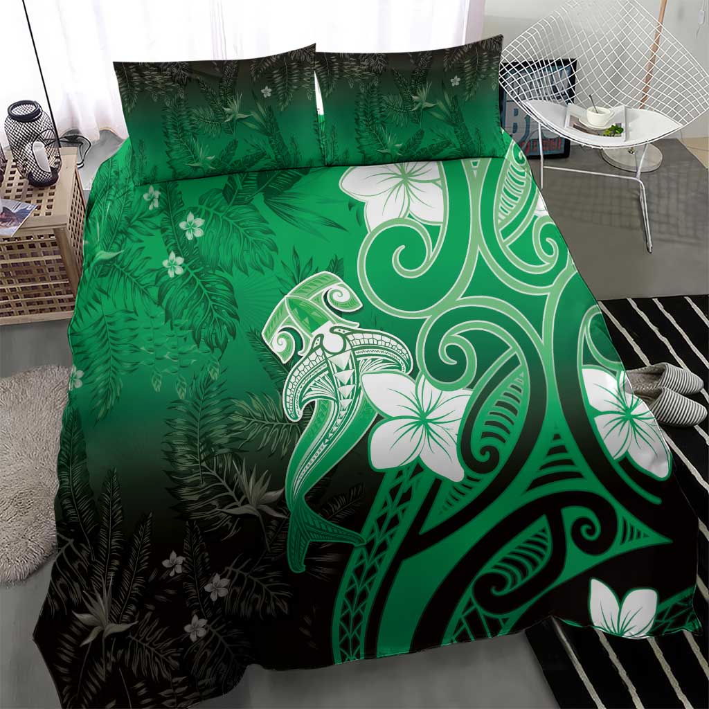 Polynesia Hammerhead Shark Bedding Set Green Tribal Pattern With Plumeria - Polynesian Pride