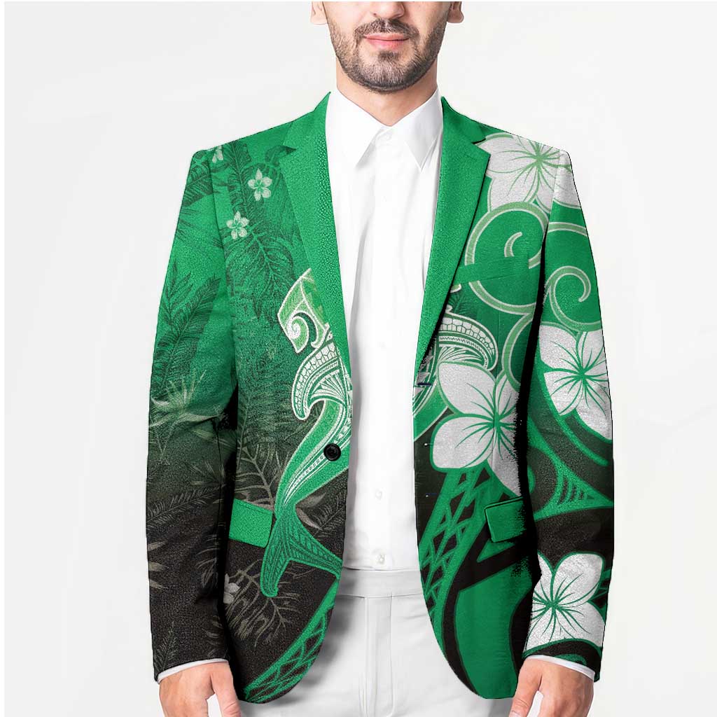 Polynesia Hammerhead Shark Blazer Green Tribal Pattern With Plumeria - Polynesian Pride