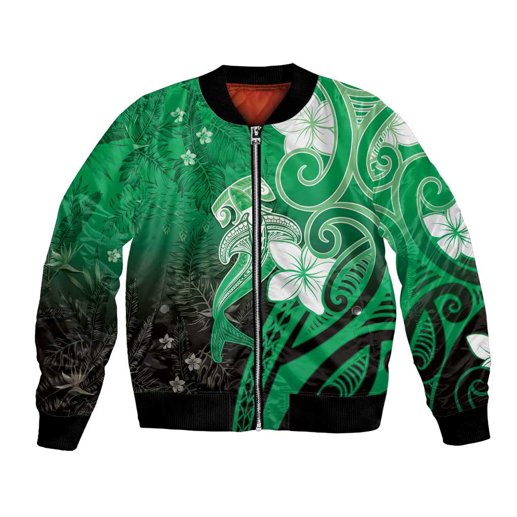 Polynesia Hammerhead Shark Bomber Jacket Green Tribal Pattern With Plumeria - Polynesian Pride