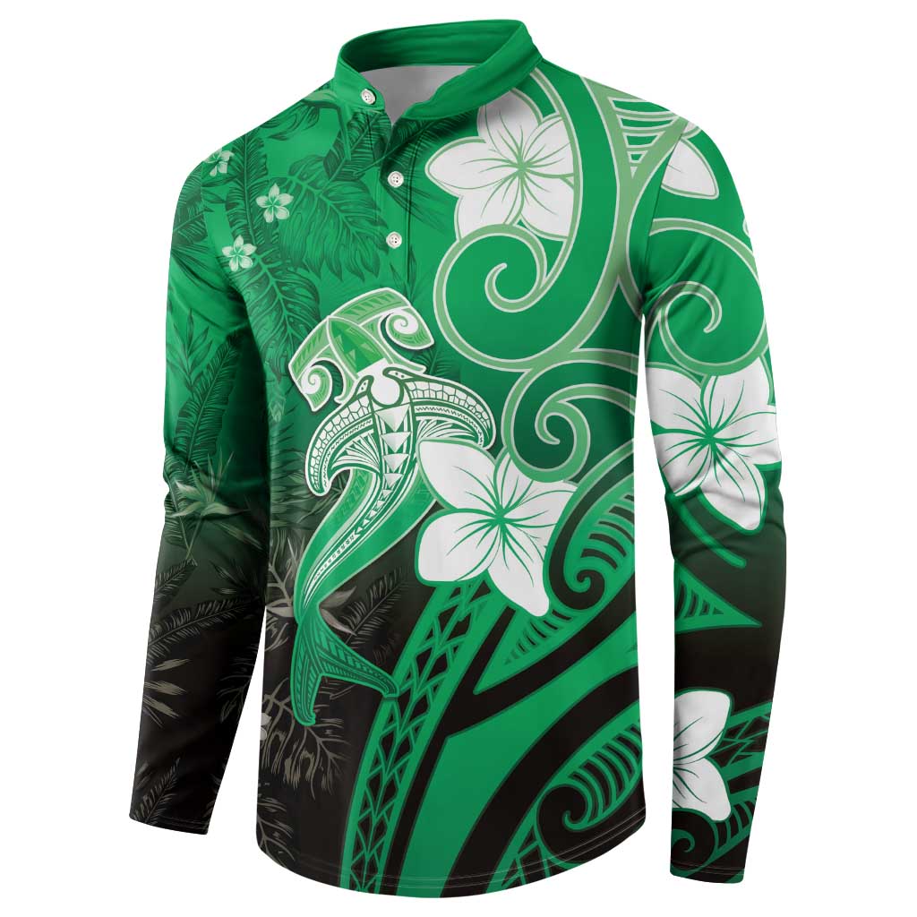 Polynesia Hammerhead Shark Button Sweatshirt Green Tribal Pattern With Plumeria LT05 - Polynesian Pride