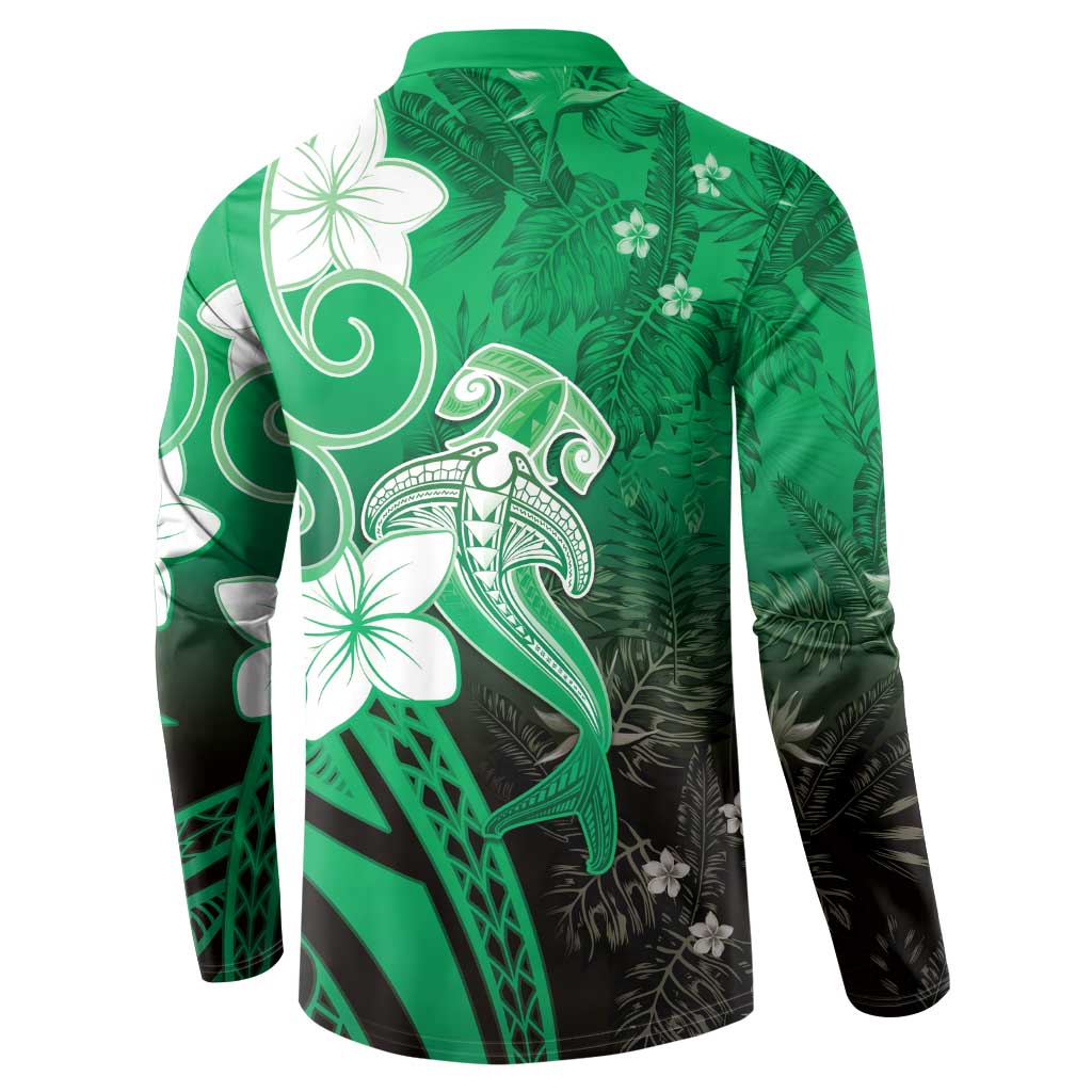 Polynesia Hammerhead Shark Button Sweatshirt Green Tribal Pattern With Plumeria LT05 - Polynesian Pride