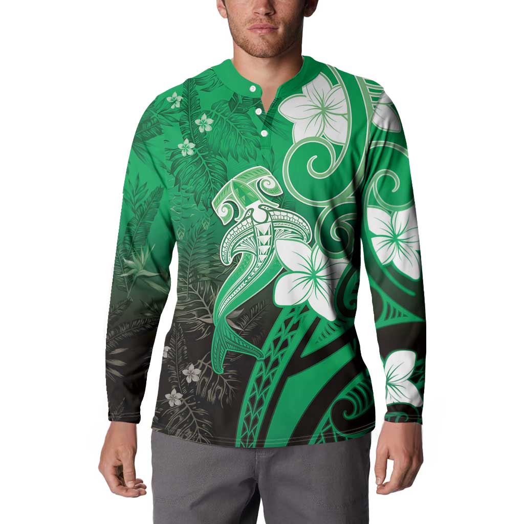 Polynesia Hammerhead Shark Button Sweatshirt Green Tribal Pattern With Plumeria LT05 - Polynesian Pride