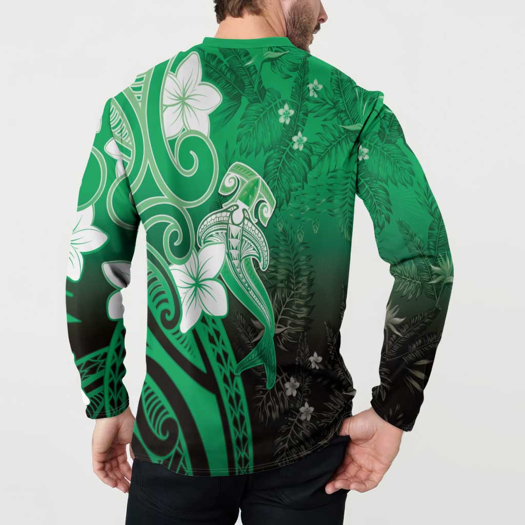 Polynesia Hammerhead Shark Button Sweatshirt Green Tribal Pattern With Plumeria LT05 - Polynesian Pride