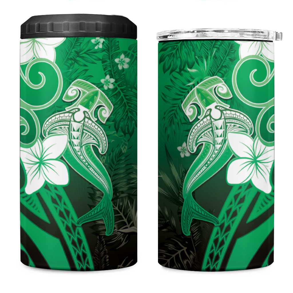 Polynesia Hammerhead Shark 4 in 1 Can Cooler Tumbler Green Tribal Pattern With Plumeria - Polynesian Pride