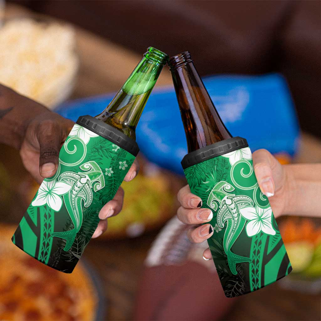 Polynesia Hammerhead Shark 4 in 1 Can Cooler Tumbler Green Tribal Pattern With Plumeria - Polynesian Pride