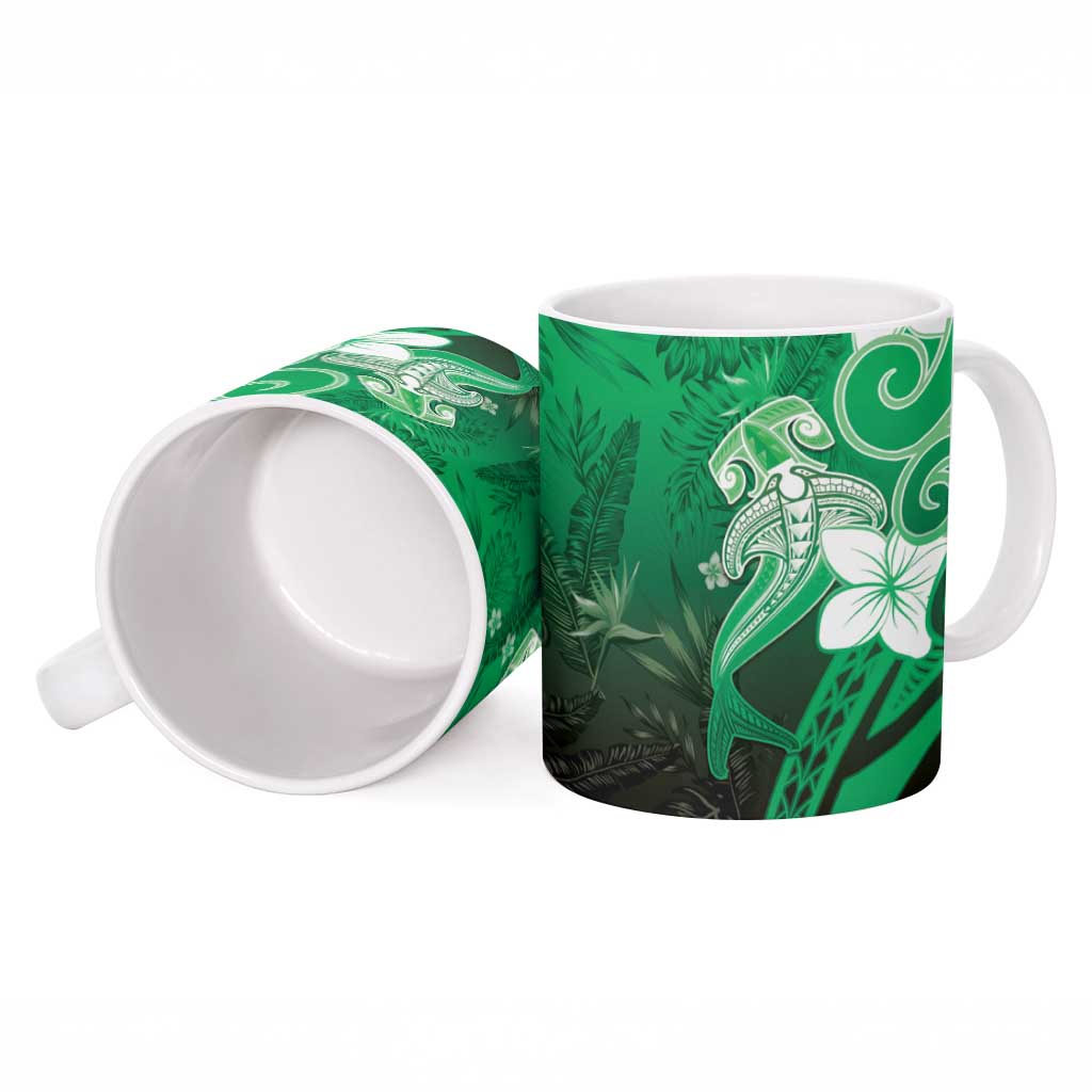 Polynesia Hammerhead Shark Ceramic Mug Green Tribal Pattern With Plumeria - Polynesian Pride
