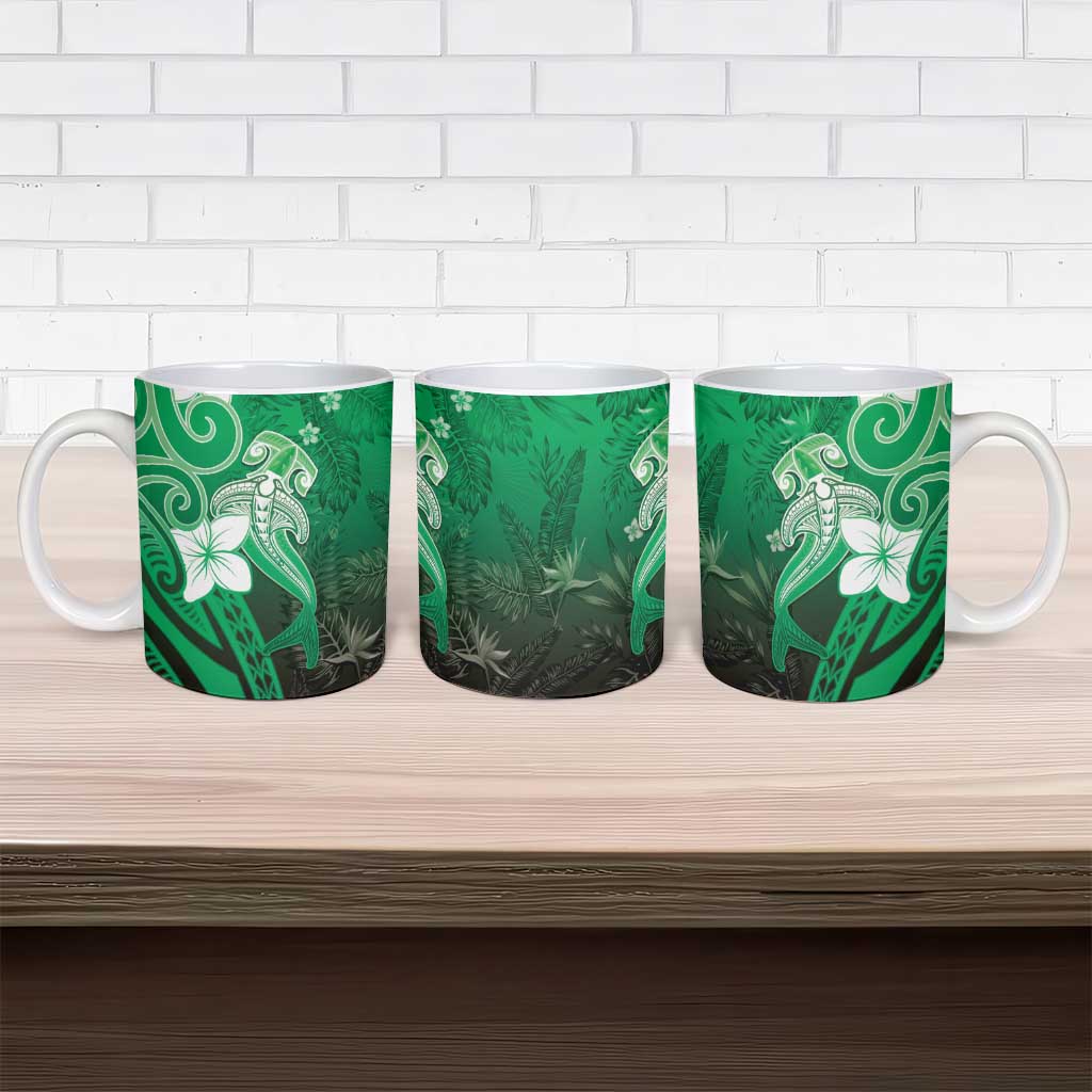 Polynesia Hammerhead Shark Ceramic Mug Green Tribal Pattern With Plumeria - Polynesian Pride