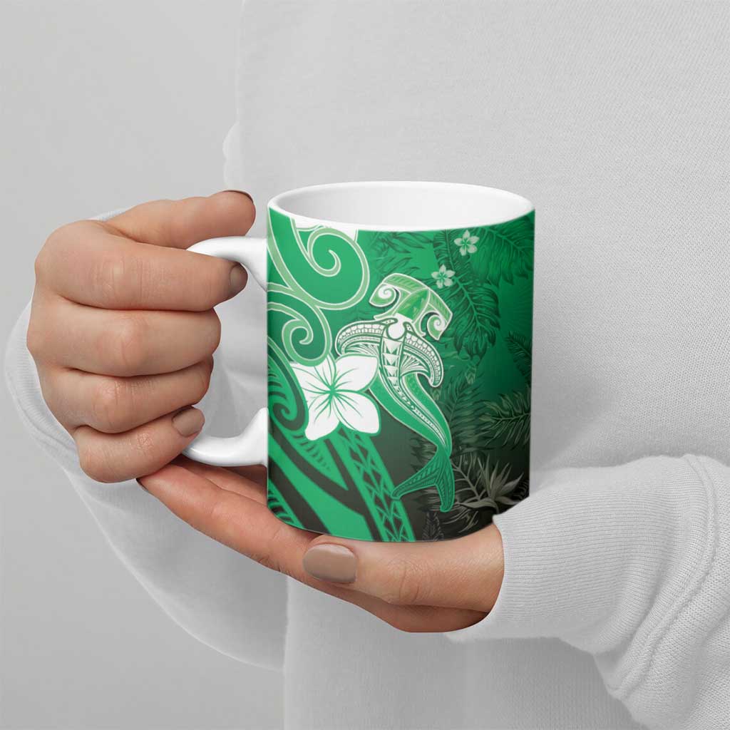 Polynesia Hammerhead Shark Ceramic Mug Green Tribal Pattern With Plumeria - Polynesian Pride