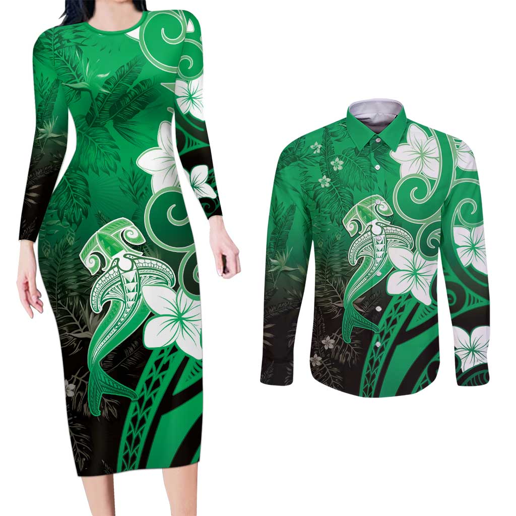 Polynesia Hammerhead Shark Couples Matching Long Sleeve Bodycon Dress and Long Sleeve Button Shirt Green Tribal Pattern With Plumeria LT05 Green - Polynesian Pride
