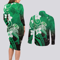 Polynesia Hammerhead Shark Couples Matching Long Sleeve Bodycon Dress and Long Sleeve Button Shirt Green Tribal Pattern With Plumeria LT05 - Polynesian Pride