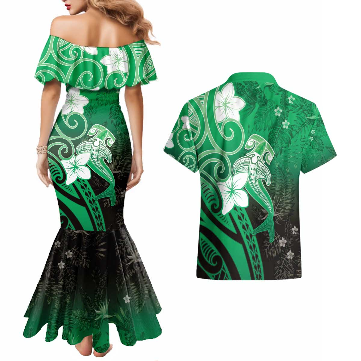 Polynesia Hammerhead Shark Couples Matching Mermaid Dress and Hawaiian Shirt Green Tribal Pattern With Plumeria - Polynesian Pride