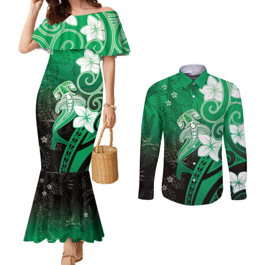 Polynesia Hammerhead Shark Couples Matching Mermaid Dress and Long Sleeve Button Shirt Green Tribal Pattern With Plumeria LT05 Green - Polynesian Pride