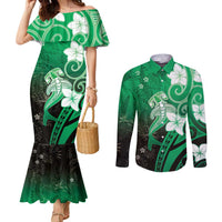 Polynesia Hammerhead Shark Couples Matching Mermaid Dress and Long Sleeve Button Shirt Green Tribal Pattern With Plumeria LT05 Green - Polynesian Pride