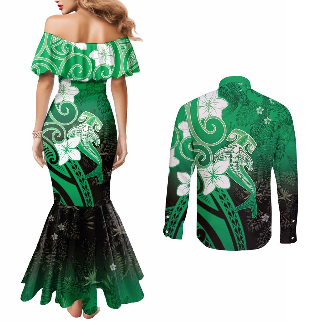Polynesia Hammerhead Shark Couples Matching Mermaid Dress and Long Sleeve Button Shirt Green Tribal Pattern With Plumeria LT05 - Polynesian Pride