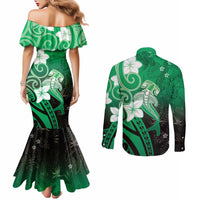 Polynesia Hammerhead Shark Couples Matching Mermaid Dress and Long Sleeve Button Shirt Green Tribal Pattern With Plumeria LT05 - Polynesian Pride