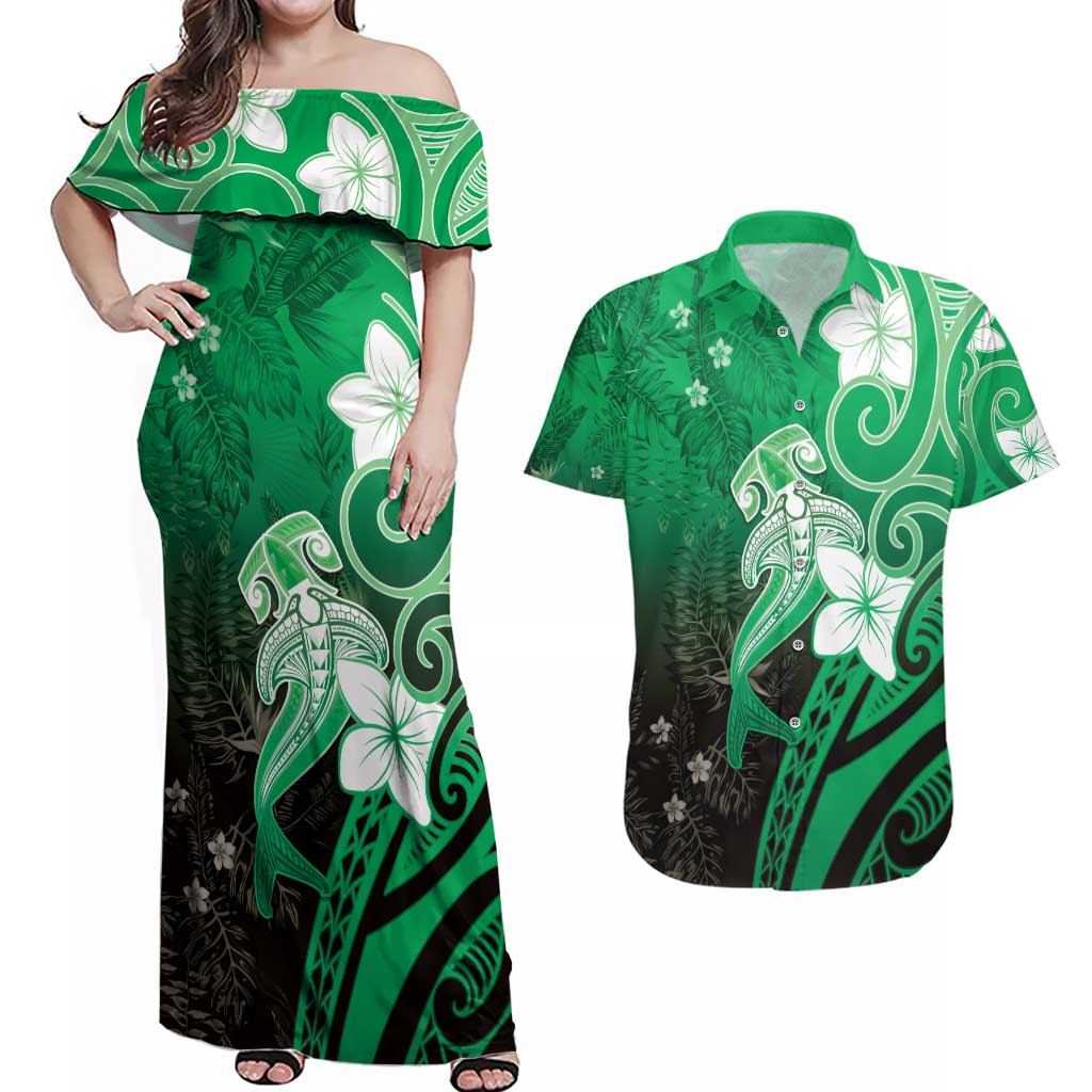 Polynesia Hammerhead Shark Couples Matching Off Shoulder Maxi Dress and Hawaiian Shirt Green Tribal Pattern With Plumeria LT05 Green - Polynesian Pride