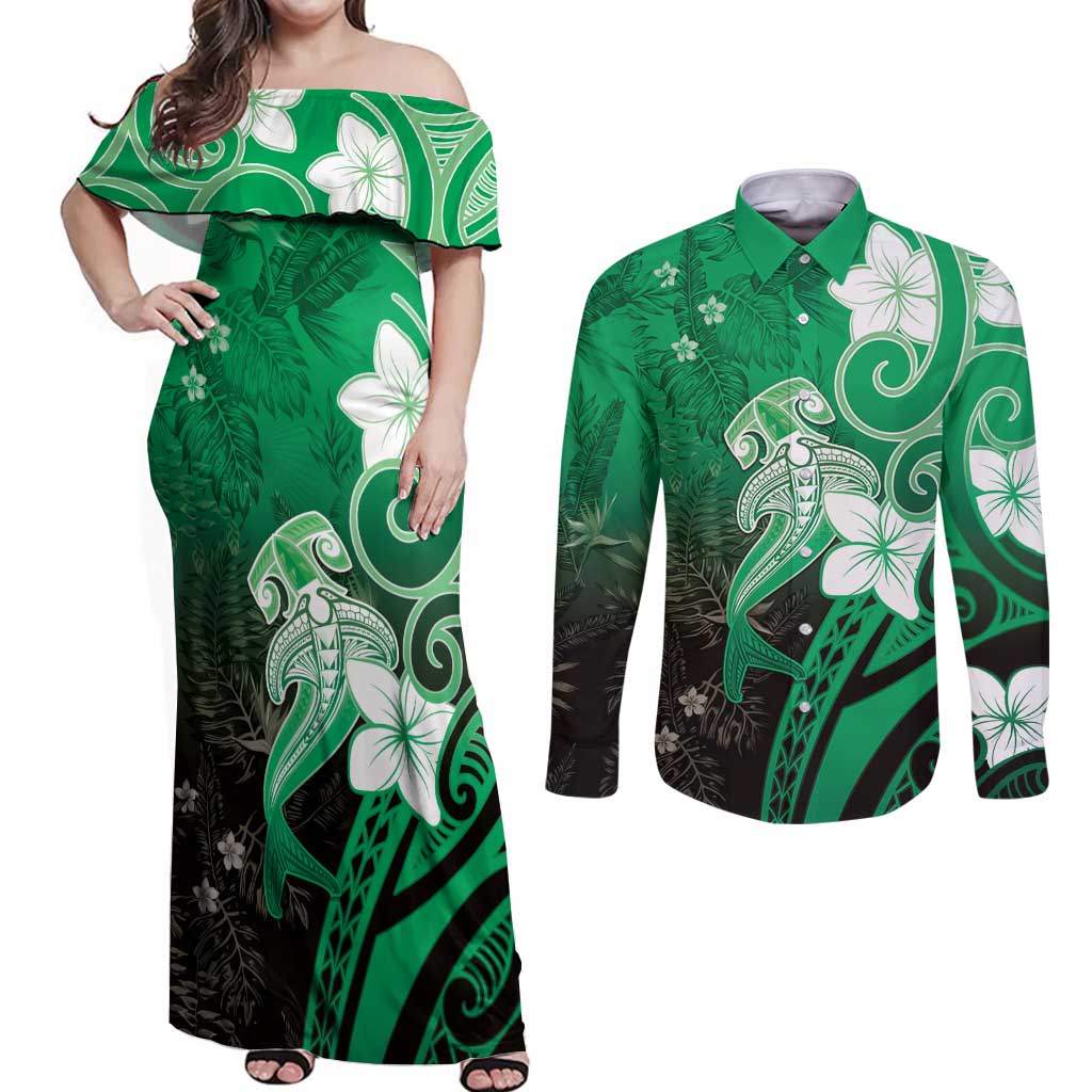 Polynesia Hammerhead Shark Couples Matching Off Shoulder Maxi Dress and Long Sleeve Button Shirt Green Tribal Pattern With Plumeria LT05 Green - Polynesian Pride