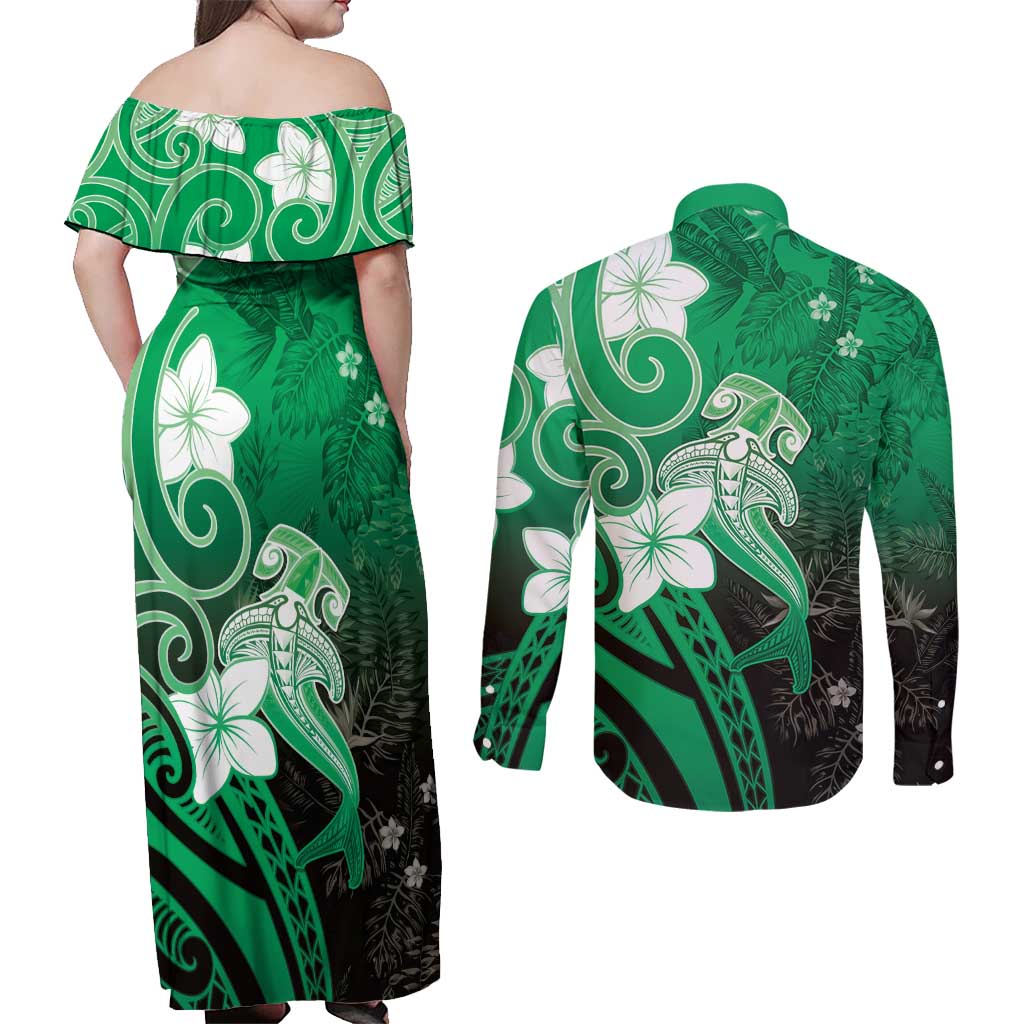 Polynesia Hammerhead Shark Couples Matching Off Shoulder Maxi Dress and Long Sleeve Button Shirt Green Tribal Pattern With Plumeria LT05 - Polynesian Pride