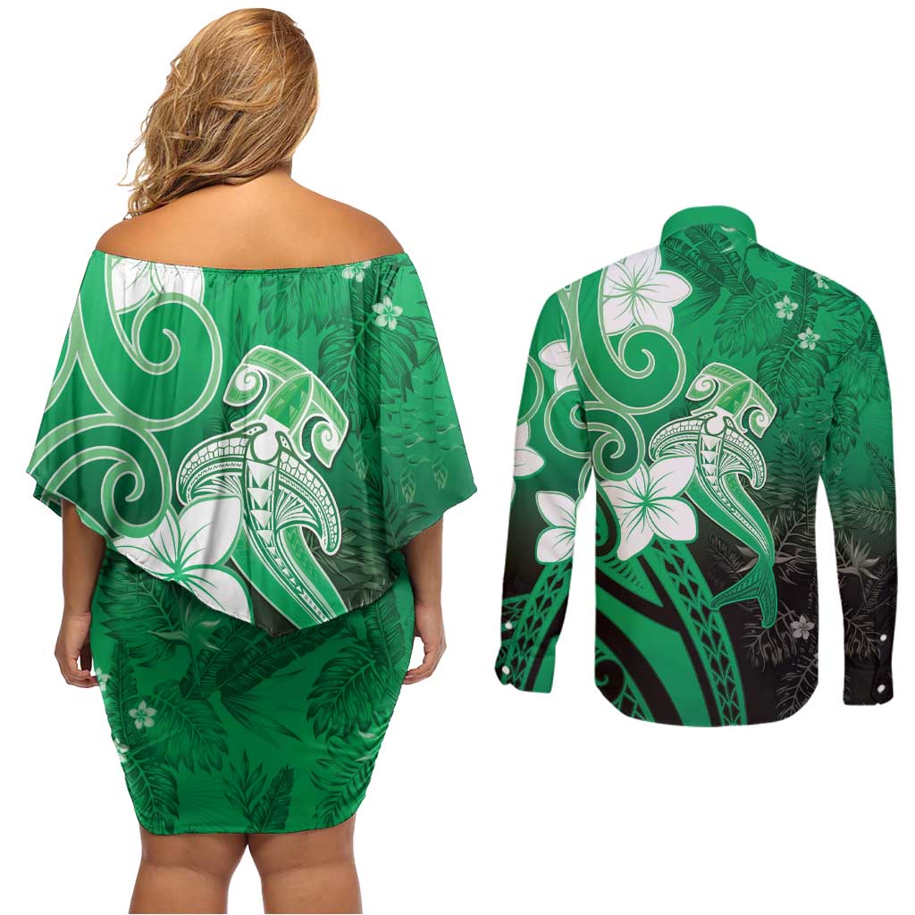 Polynesia Hammerhead Shark Couples Matching Off Shoulder Short Dress and Long Sleeve Button Shirt Green Tribal Pattern With Plumeria LT05 - Polynesian Pride