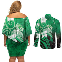 Polynesia Hammerhead Shark Couples Matching Off Shoulder Short Dress and Long Sleeve Button Shirt Green Tribal Pattern With Plumeria LT05 - Polynesian Pride