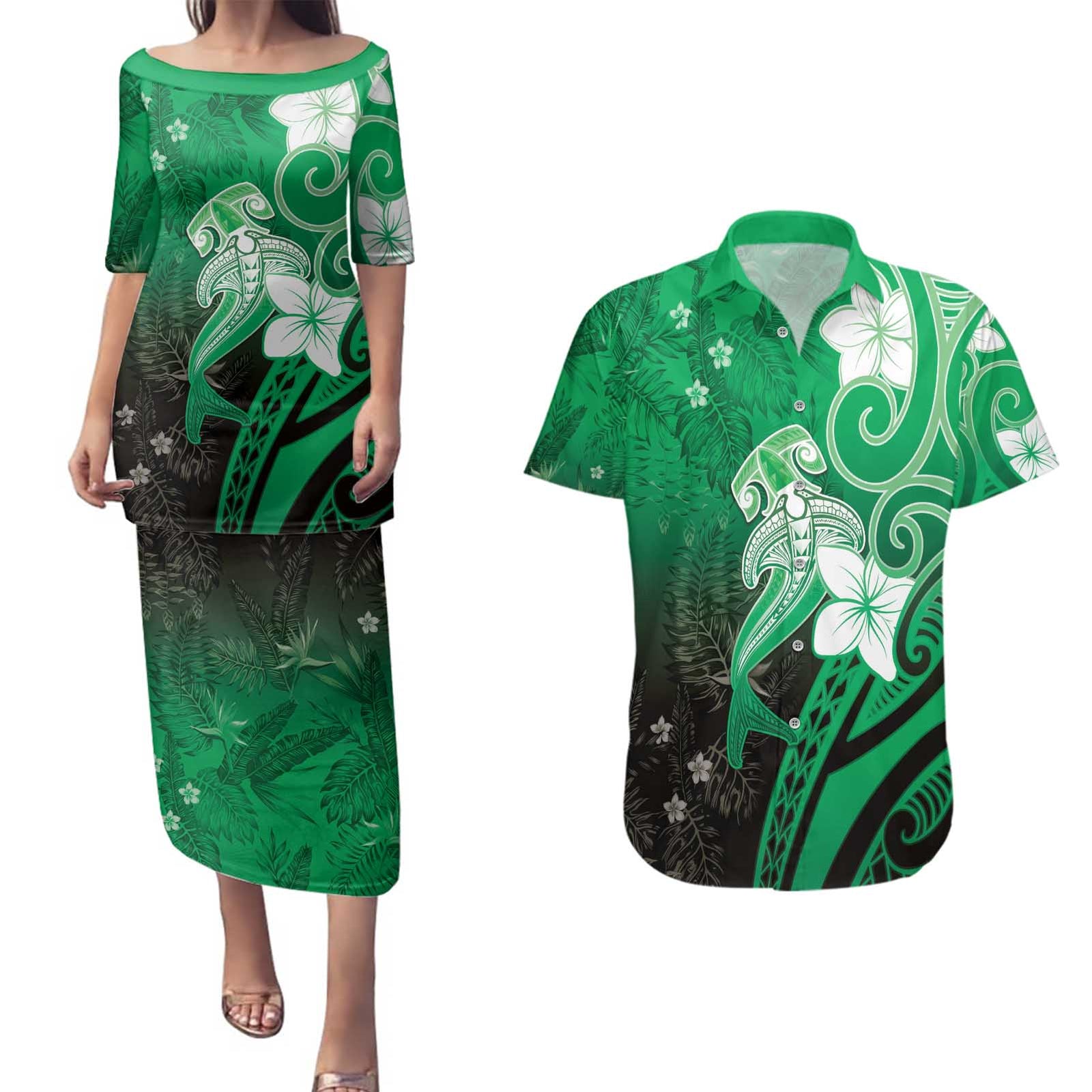 Polynesia Hammerhead Shark Couples Matching Puletasi and Hawaiian Shirt Green Tribal Pattern With Plumeria LT05 Green - Polynesian Pride