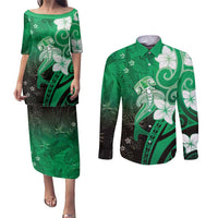 Polynesia Hammerhead Shark Couples Matching Puletasi and Long Sleeve Button Shirt Green Tribal Pattern With Plumeria LT05 Green - Polynesian Pride
