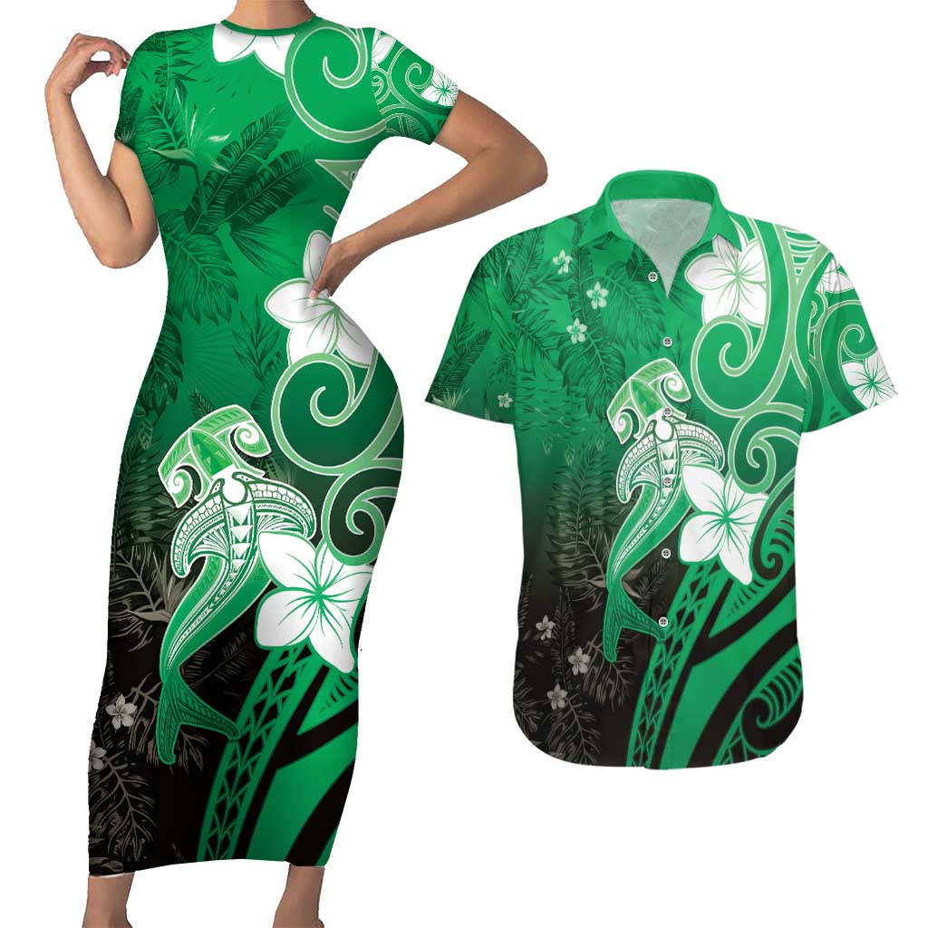 Polynesia Hammerhead Shark Couples Matching Short Sleeve Bodycon Dress and Hawaiian Shirt Green Tribal Pattern With Plumeria LT05 Green - Polynesian Pride