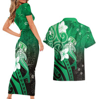 Polynesia Hammerhead Shark Couples Matching Short Sleeve Bodycon Dress and Hawaiian Shirt Green Tribal Pattern With Plumeria LT05 - Polynesian Pride