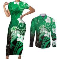 Polynesia Hammerhead Shark Couples Matching Short Sleeve Bodycon Dress and Long Sleeve Button Shirt Green Tribal Pattern With Plumeria LT05 Green - Polynesian Pride