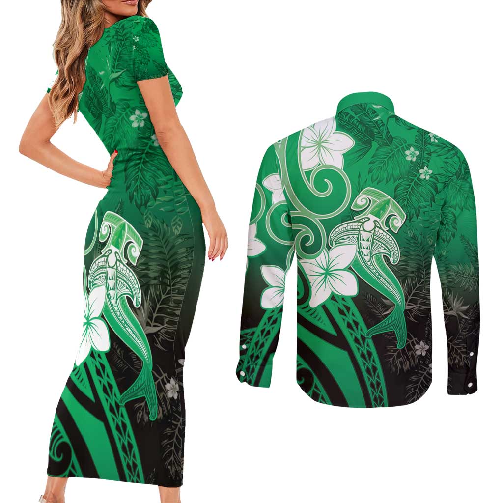 Polynesia Hammerhead Shark Couples Matching Short Sleeve Bodycon Dress and Long Sleeve Button Shirt Green Tribal Pattern With Plumeria LT05 - Polynesian Pride