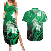 Polynesia Hammerhead Shark Couples Matching Summer Maxi Dress and Hawaiian Shirt Green Tribal Pattern With Plumeria LT05 Green - Polynesian Pride