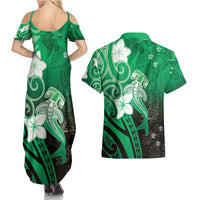 Polynesia Hammerhead Shark Couples Matching Summer Maxi Dress and Hawaiian Shirt Green Tribal Pattern With Plumeria LT05 - Polynesian Pride