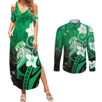 Polynesia Hammerhead Shark Couples Matching Summer Maxi Dress and Long Sleeve Button Shirt Green Tribal Pattern With Plumeria LT05 Green - Polynesian Pride