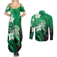 Polynesia Hammerhead Shark Couples Matching Summer Maxi Dress and Long Sleeve Button Shirt Green Tribal Pattern With Plumeria LT05 - Polynesian Pride