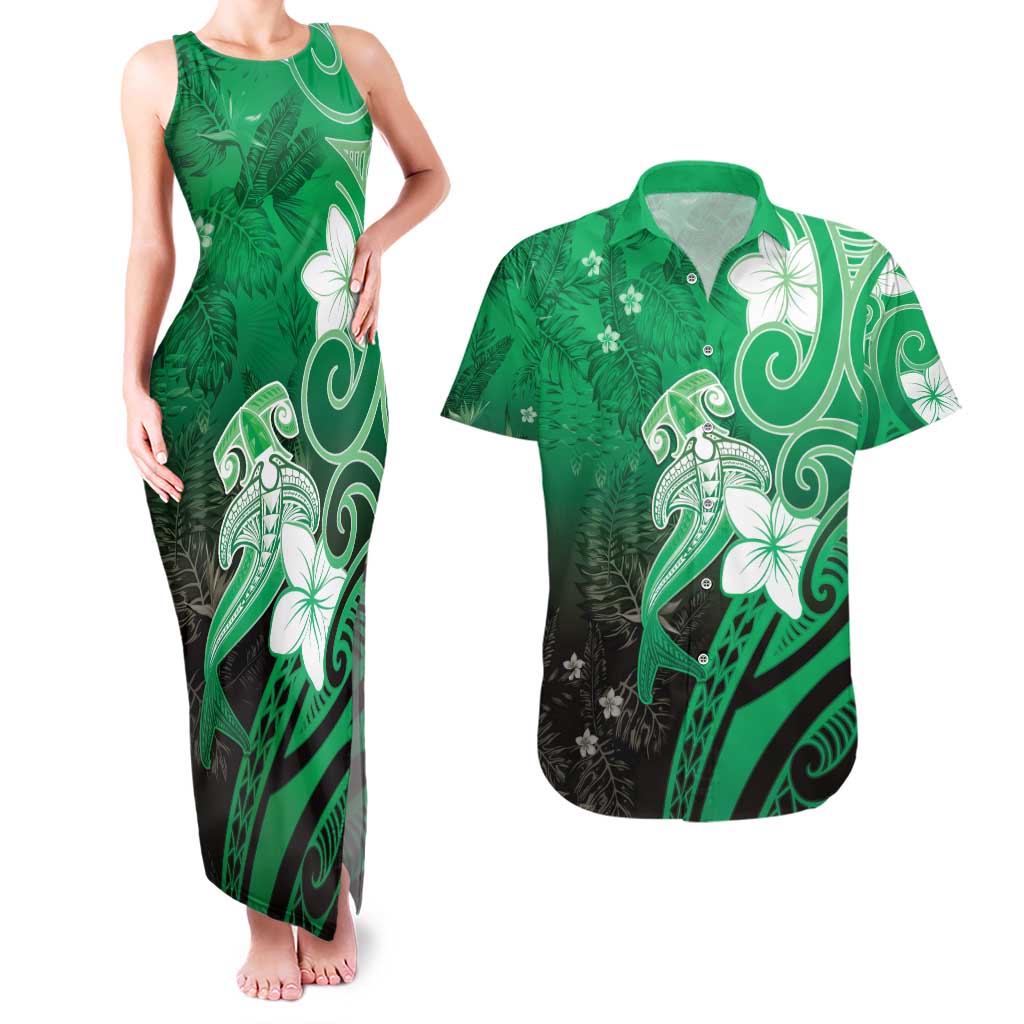 Polynesia Hammerhead Shark Couples Matching Tank Maxi Dress and Hawaiian Shirt Green Tribal Pattern With Plumeria LT05 Green - Polynesian Pride