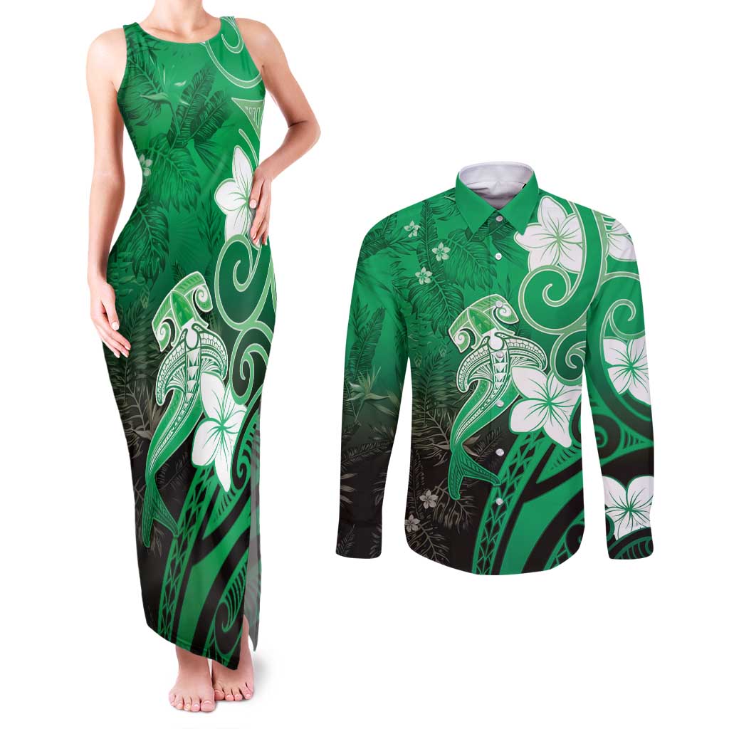 Polynesia Hammerhead Shark Couples Matching Tank Maxi Dress and Long Sleeve Button Shirt Green Tribal Pattern With Plumeria LT05 Green - Polynesian Pride