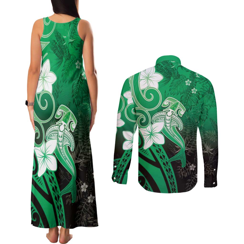 Polynesia Hammerhead Shark Couples Matching Tank Maxi Dress and Long Sleeve Button Shirt Green Tribal Pattern With Plumeria LT05 - Polynesian Pride