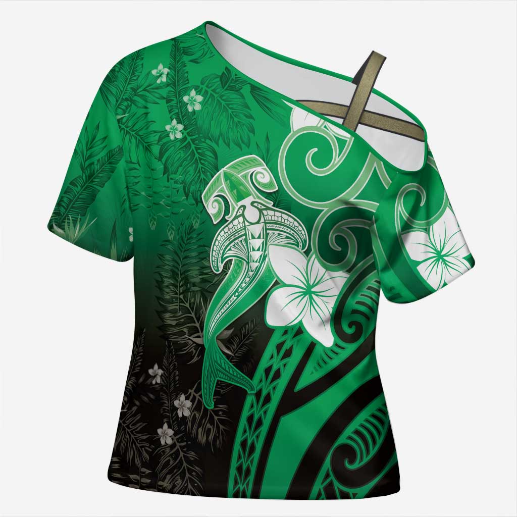 Polynesia Hammerhead Shark Cross Shoulder Shirt Green Tribal Pattern With Plumeria LT05 Female Green - Polynesian Pride
