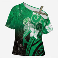 Polynesia Hammerhead Shark Cross Shoulder Shirt Green Tribal Pattern With Plumeria LT05 Female Green - Polynesian Pride