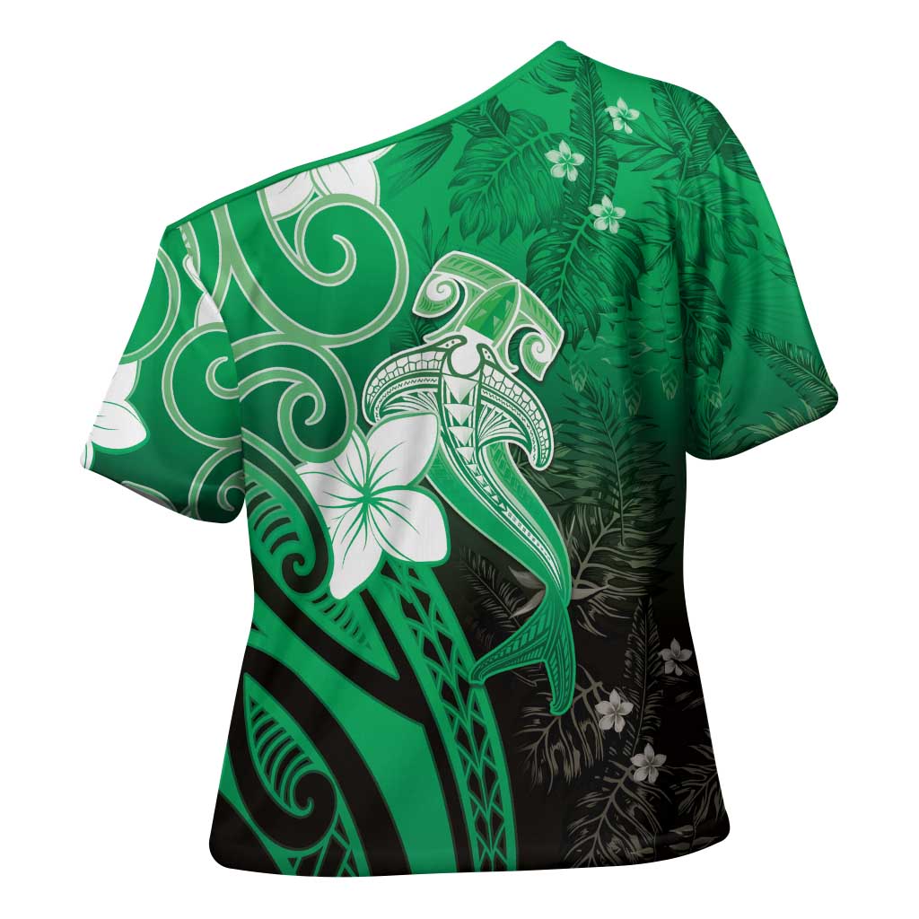 Polynesia Hammerhead Shark Cross Shoulder Shirt Green Tribal Pattern With Plumeria LT05 - Polynesian Pride