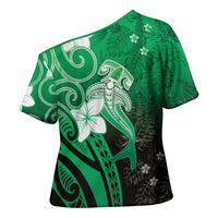 Polynesia Hammerhead Shark Cross Shoulder Shirt Green Tribal Pattern With Plumeria LT05 - Polynesian Pride